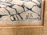 Antieke ets van een middeleeuws straatje in brugge, gesigneerd door de kunstenaar j.k. brugge - afbeelding 3 van  5