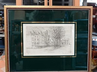 Antieke ets van een stadsgezicht. handgesigneerd - afbeelding 1 van  5