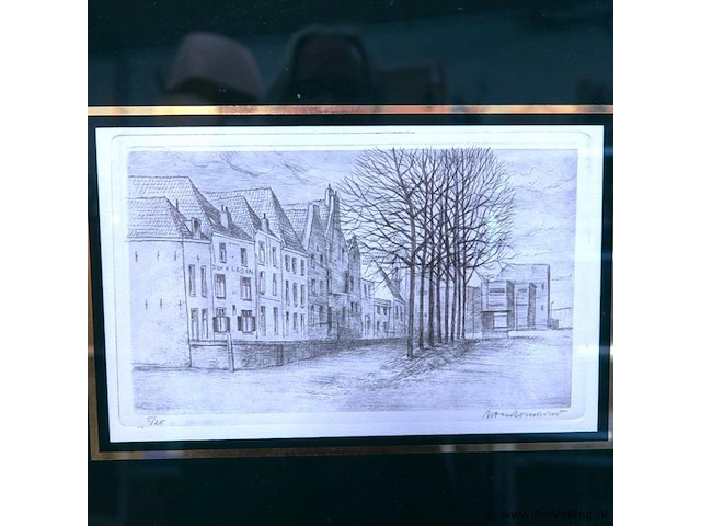 Antieke ets van een stadsgezicht. handgesigneerd - afbeelding 2 van  5