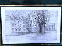 Antieke ets van een stadsgezicht. handgesigneerd - afbeelding 2 van  5