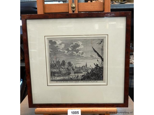 Antieke gravure de overste maarten schenk verdrinkt voor nieuwmegen in 't jaar 1589 - afbeelding 1 van  5