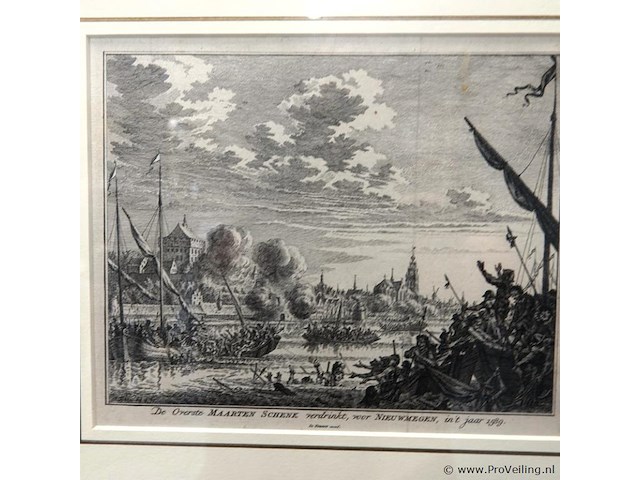 Antieke gravure de overste maarten schenk verdrinkt voor nieuwmegen in 't jaar 1589 - afbeelding 2 van  5