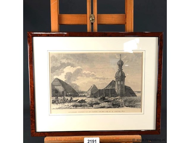 Antieke gravure gevaarlijke toestand van het kasteel van de ooij op 23 januari 1820 - afbeelding 1 van  5