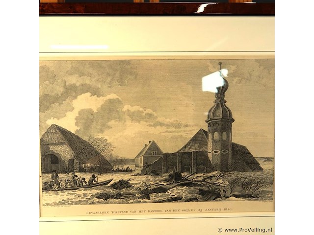 Antieke gravure gevaarlijke toestand van het kasteel van de ooij op 23 januari 1820 - afbeelding 2 van  5