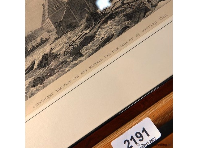 Antieke gravure gevaarlijke toestand van het kasteel van de ooij op 23 januari 1820 - afbeelding 3 van  5