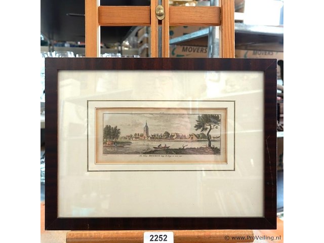 Antieke handgekleurde kopergravure uit circa 1750 van het stadje heukelum aan de rivier de linge - afbeelding 1 van  5