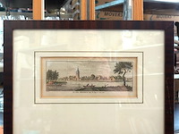 Antieke handgekleurde kopergravure uit circa 1750 van het stadje heukelum aan de rivier de linge - afbeelding 1 van  5