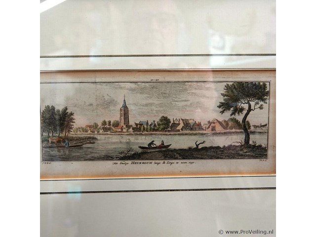Antieke handgekleurde kopergravure uit circa 1750 van het stadje heukelum aan de rivier de linge - afbeelding 2 van  5