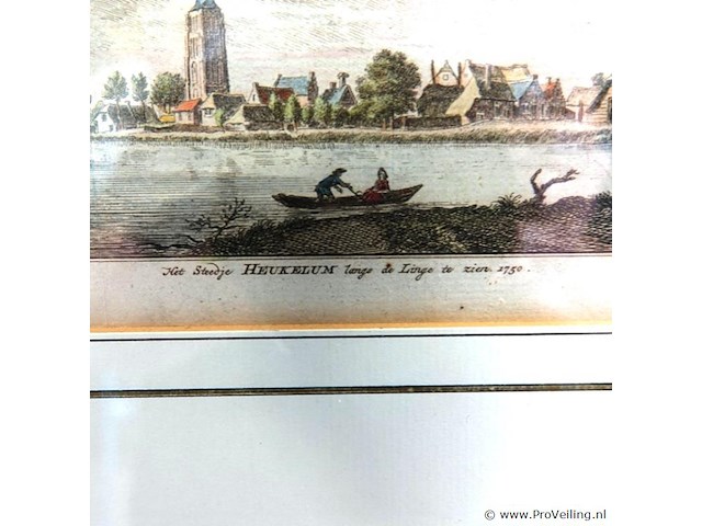 Antieke handgekleurde kopergravure uit circa 1750 van het stadje heukelum aan de rivier de linge - afbeelding 3 van  5