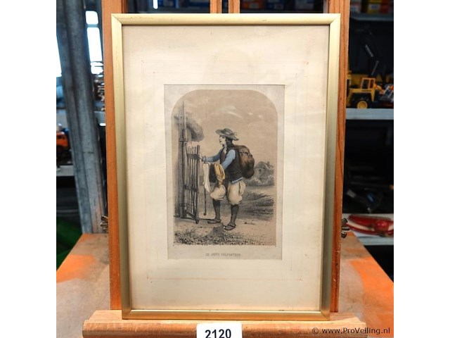 Antieke handgekleurde lithografie "le petit colporteur" van rond 1840 - afbeelding 1 van  5