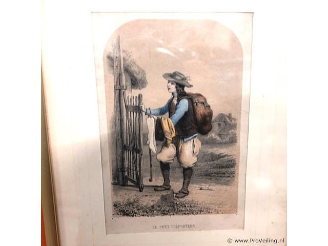 Antieke handgekleurde lithografie "le petit colporteur" van rond 1840 - afbeelding 2 van  5
