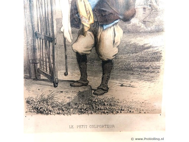 Antieke handgekleurde lithografie "le petit colporteur" van rond 1840 - afbeelding 3 van  5