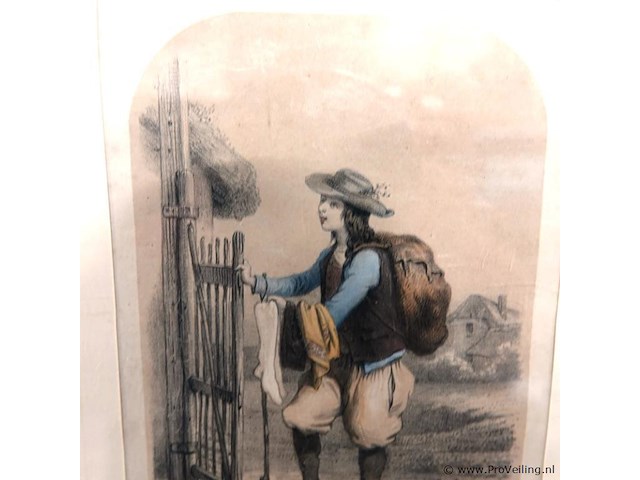 Antieke handgekleurde lithografie "le petit colporteur" van rond 1840 - afbeelding 4 van  5