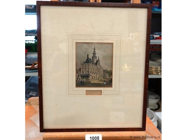Antieke handgekleurde staalgravure van het stadhuis van bolsward - afbeelding 1 van  5