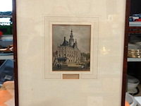 Antieke handgekleurde staalgravure van het stadhuis van bolsward
