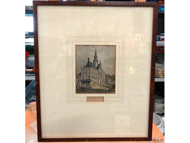 Antieke handgekleurde staalgravure van het stadhuis van bolsward - afbeelding 2 van  5