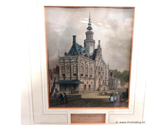 Antieke handgekleurde staalgravure van het stadhuis van bolsward - afbeelding 3 van  5