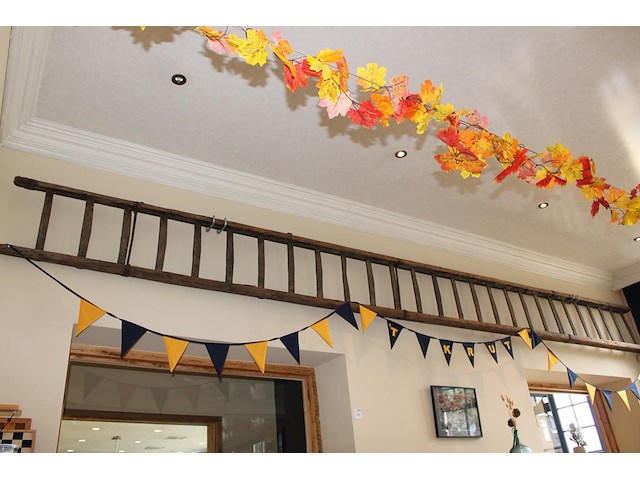 Antieke houten ladder met 27 sporten en lengte ca. 680 cm. vermoedelijk bouwjaar 1906. - afbeelding 1 van  3