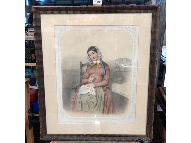 Antieke ingelijste litho of prent met de franse titel "la jeune ouvrière" en de spaanse titel "la joven oficiala" (de jonge werkster / vrouwelijke handwerksgezel). - afbeelding 2 van  5