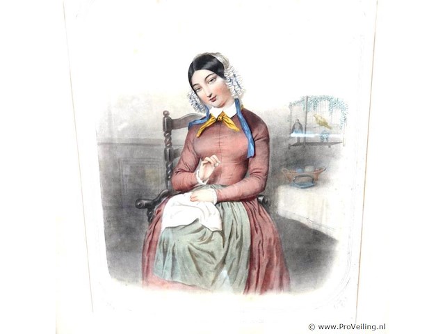 Antieke ingelijste litho of prent met de franse titel "la jeune ouvrière" en de spaanse titel "la joven oficiala" (de jonge werkster / vrouwelijke handwerksgezel). - afbeelding 3 van  5