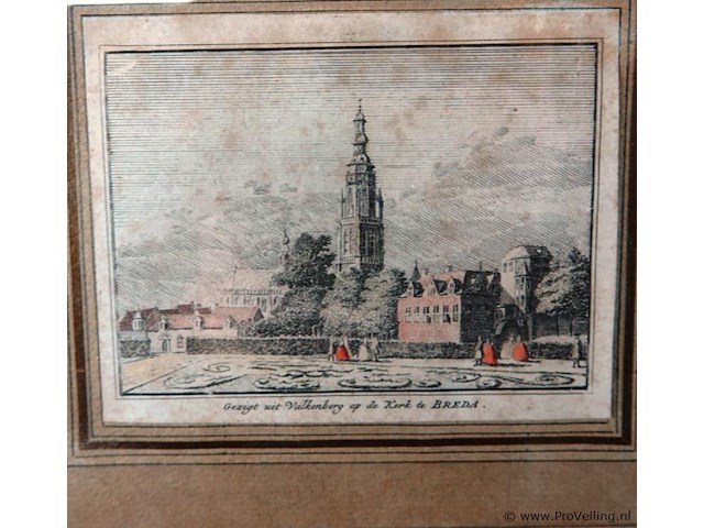 Antieke kleurendruk gezigt uit de valkenberg op de kerk te breda - afbeelding 2 van  5