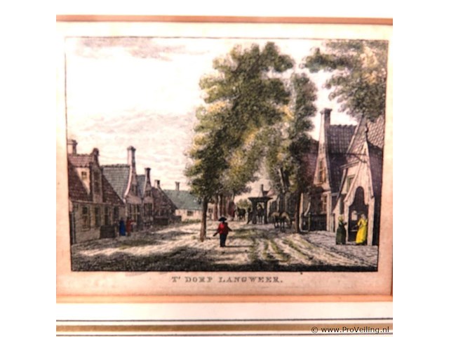 Antieke kopergravure. dorpsgezicht van langweer - afbeelding 2 van  5