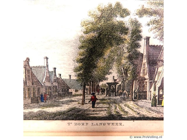 Antieke kopergravure. dorpsgezicht van langweer - afbeelding 3 van  5