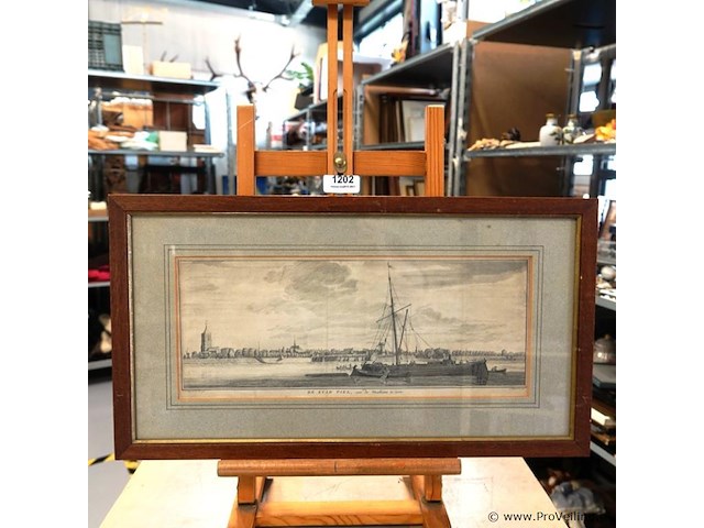 Antieke kopergravure met als onderwerp "de stad tiel, van de waalkant te sien - afbeelding 1 van  5