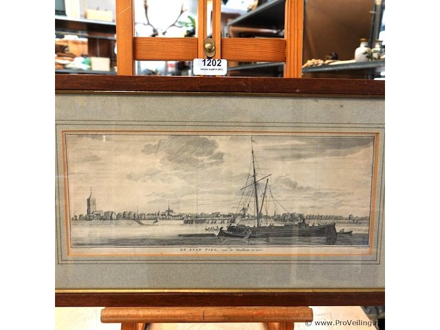 Antieke kopergravure met als onderwerp "de stad tiel, van de waalkant te sien - afbeelding 2 van  5