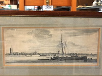 Antieke kopergravure met als onderwerp "de stad tiel, van de waalkant te sien - afbeelding 2 van  5