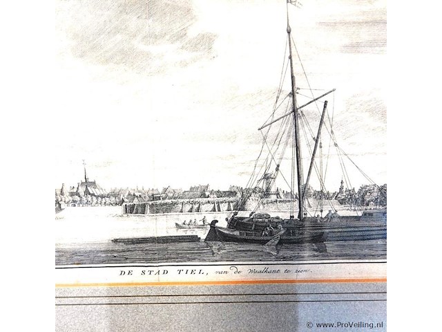 Antieke kopergravure met als onderwerp "de stad tiel, van de waalkant te sien - afbeelding 3 van  5