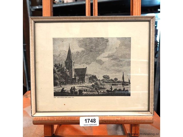 Antieke kopergravure van de nederlands hervormde kerk in 1721 in het dorp dodewaard in gelderland. - afbeelding 1 van  5