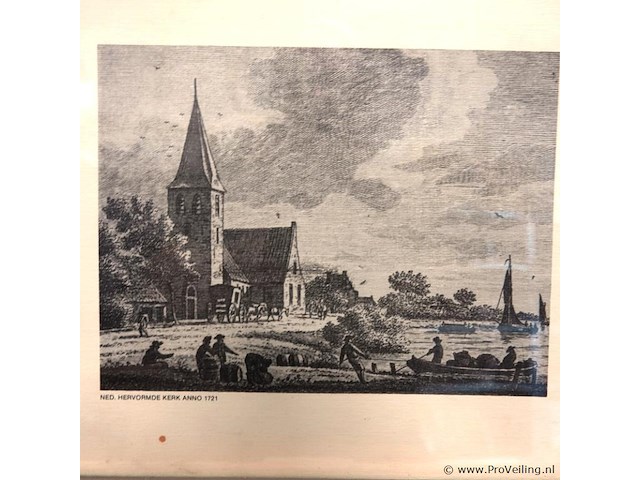 Antieke kopergravure van de nederlands hervormde kerk in 1721 in het dorp dodewaard in gelderland. - afbeelding 2 van  5