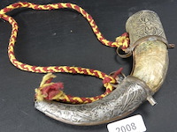 Antieke kruithoorn been met tinbeslag - afbeelding 1 van  5