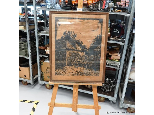 Antieke linosnede van de watermolen van singraven gesigneerd p. van loef - afbeelding 1 van  5