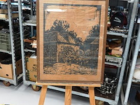 Antieke linosnede van de watermolen van singraven gesigneerd p. van loef - afbeelding 1 van  5