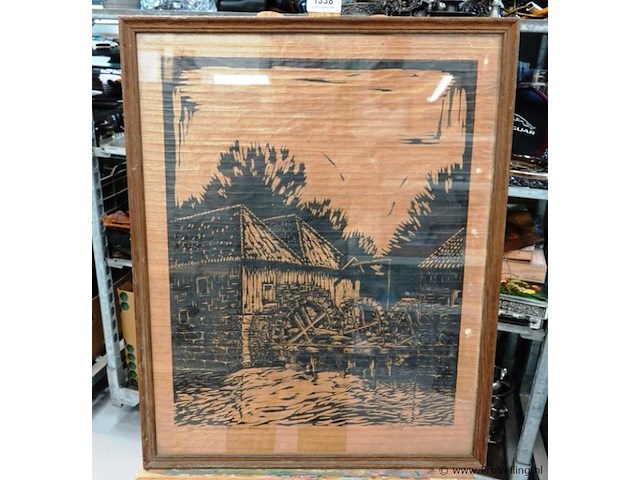 Antieke linosnede van de watermolen van singraven gesigneerd p. van loef - afbeelding 2 van  5
