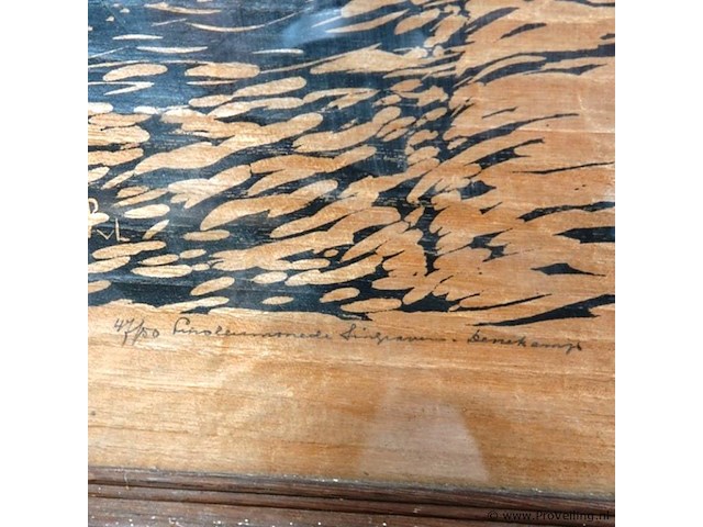 Antieke linosnede van de watermolen van singraven gesigneerd p. van loef - afbeelding 4 van  5