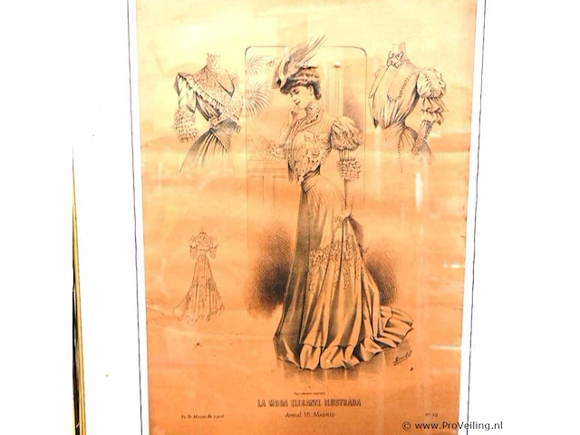 Antieke modeprent uit de spaanse publicatie "la moda elegante ilustrada" - afbeelding 2 van  5