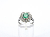 Antieke platina ring met een colombiaanse smaragd en natuurlijke diamanten - afbeelding 4 van  11