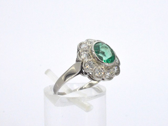 Antieke platina ring met een colombiaanse smaragd en natuurlijke diamanten - afbeelding 11 van  11
