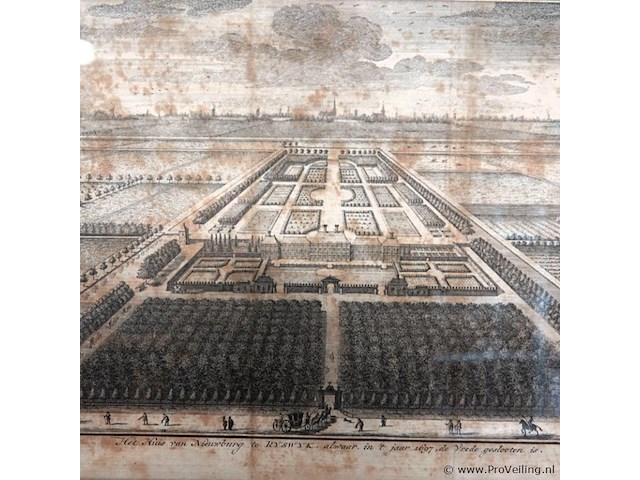 Antieke prent van het huis ter nieuburch in rijswijk, bekend als de locatie waar in 1697 de vrede van rijswijk werd gesloten. - afbeelding 3 van  5