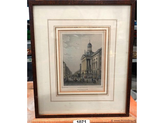 Antieke staalgravure van het stadhuis in rotterdam - afbeelding 1 van  5