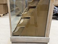 Antieke/vintage winkeltoonbank met glazen vitrine en laden, grenen - afbeelding 6 van  10