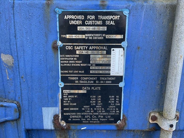 Apl aphu601832 zeecontainer 40ft - afbeelding 5 van  10