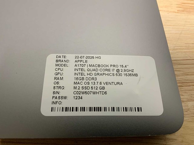 Apple a1707 macbook pro(i7) laptop - afbeelding 7 van  7