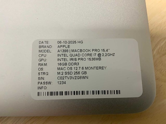 Apple macbook pro a1398 laptop - afbeelding 7 van  7