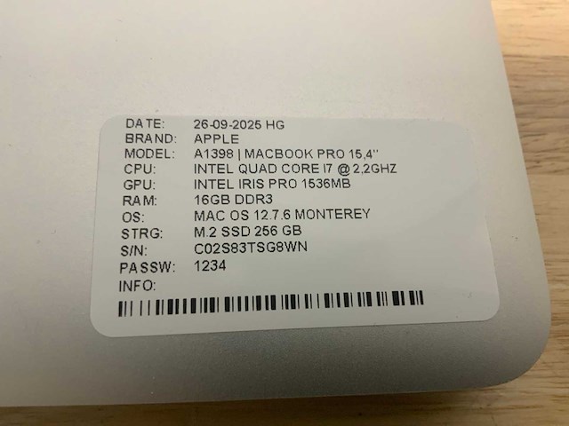 Apple macbook pro a1398 laptop - afbeelding 7 van  7