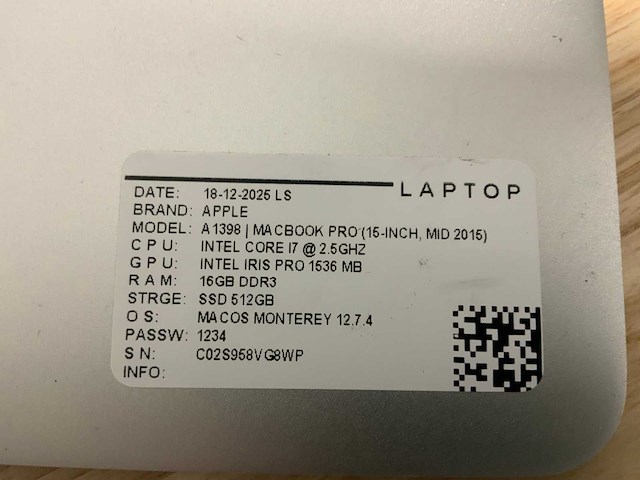 Apple macbook pro a1398(i7) laptop (2x) - afbeelding 5 van  6