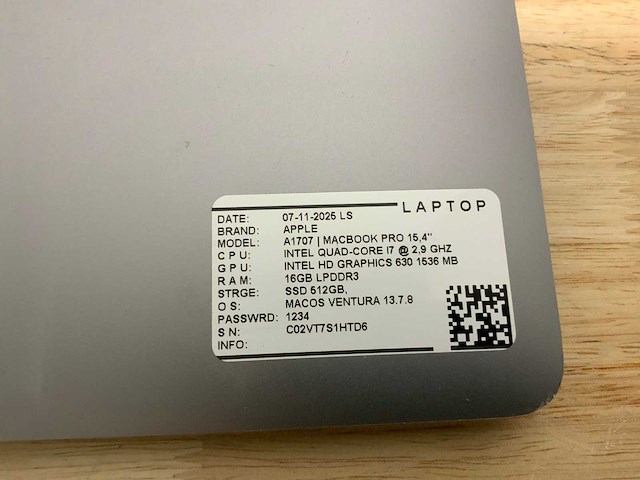 Apple macbook pro a1707 laptop - afbeelding 5 van  7